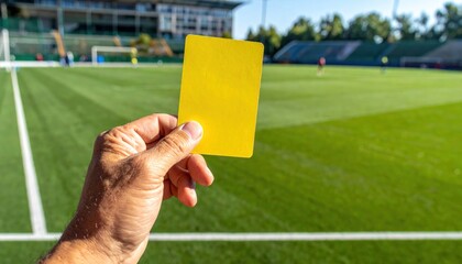 Referee's hand holding up a yellow card on a blurred soccer field background, symbolizing a warning or foul in a sports match