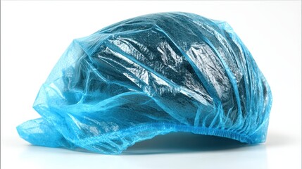 Close up view of a light blue disposable bouffant cap against a bright white background. The cap is slightly rumpled.