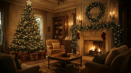 Elegant Christmas Living Room with Tree, Fireplace and Wreath