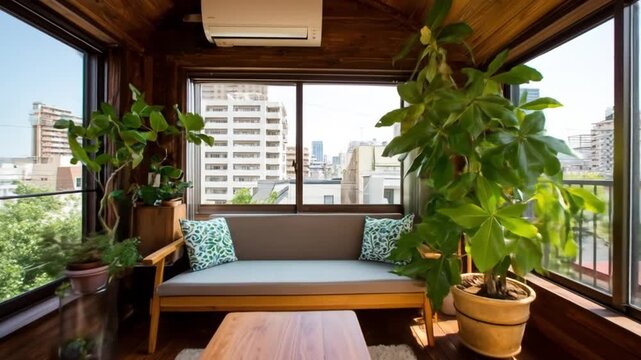 Cozy sunroom with city view