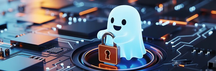 Cute cartoon ghost holding lock symbol on digital circuit board concept of cybersecurity
