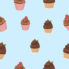 Seamless pattern with cupcakes on blue background