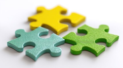 Three colorful puzzle pieces yellow, green, & blue, isolated on a white surface