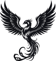 Black Phoenix Rising, Mythical Bird, Wings Spread, Tattoo Design, Vector Art, Elegant, Majestic