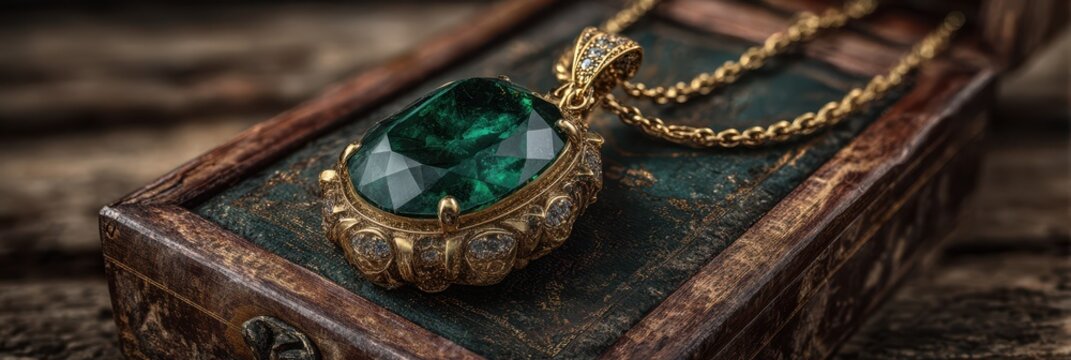 Exquisite green gemstone pendant displayed on vintage wooden jewelry box in softly lit setting - Powered by Adobe