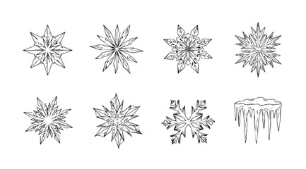 Collection of intricate snowflake and icicle silhouettes for winter designs