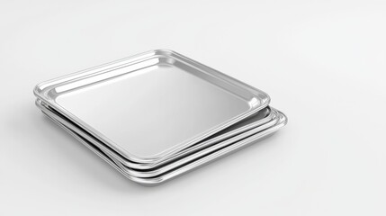 Three stacked silver trays on a white background.