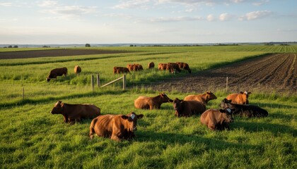 Medium shot of cattle resting and grazing cyclically managed paddocks emphasizing rotational grazings role in reducing overgrazing and increasing soil organic matter.