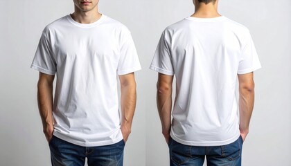 Two views of a man wearing a blank white t-shirt and blue jeans, showcasing the front and back design.