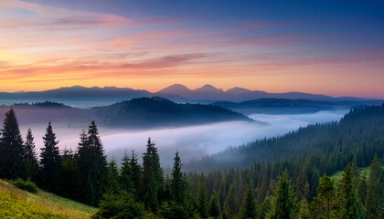 Obraz premium Serene Misty Forest Landscape At Dawn With Colorful Hues And Distant Mountains In Background