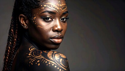 Close-up portrait of a woman with elaborate face and body art
