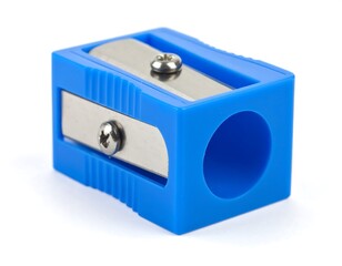 Blue plastic pencil sharpener on white
