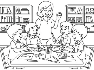 Teacher leading an art class with young students at a table