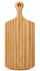 A light brown rectangular bamboo cutting board with a small handle at the top, isolated on a white background.