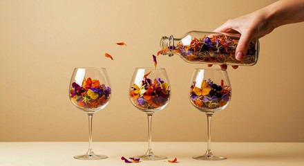 Slats personalizados para cozinha com sua foto A hand pouring a cascade of vibrant purple, yellow, and orange flower petals into a wine glass.