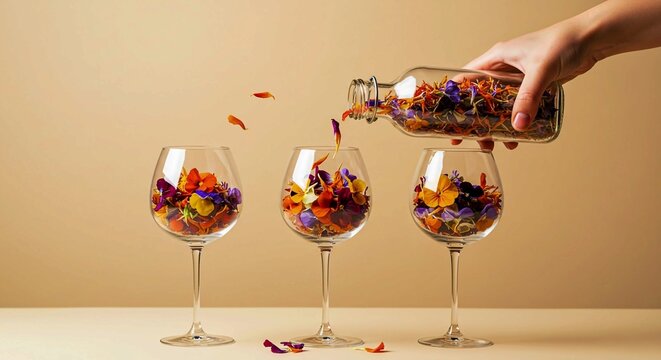 A hand pouring a cascade of vibrant purple, yellow, and orange flower petals into a wine glass.