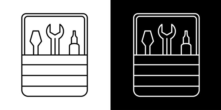 Minimalist line art icon illustration featuring a portable toolbox filled with essential repair equipment, including a screwdriver, wrench, and oil can, symbolizing maintenance and craftsmanship