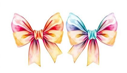 Fototapeta premium Pair of charming vintage watercolor ribbon bows in pastel hues, tied in a double-bow knot, preppy style, accessories, aesthetic
