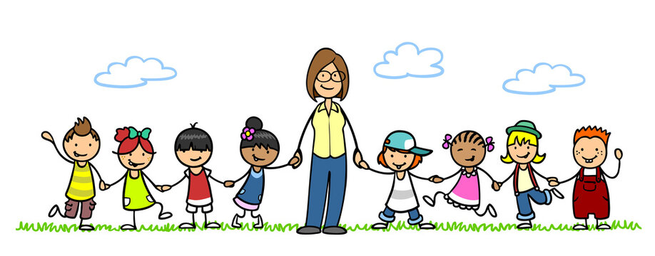 P&auml;dagogin im Kindergarten mit Gruppe Kinder