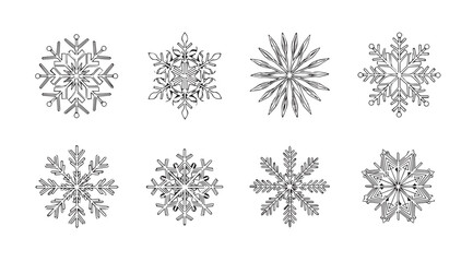 Collection of intricate snowflake designs in a classic silhouette style