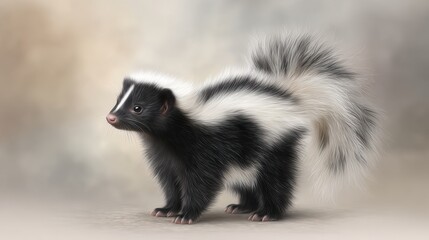 Fototapeta premium Tiny black and white skunk exploring a serene natural habitat realistic detail whimsical environment close-up perspective