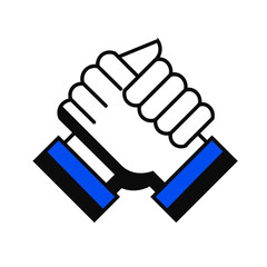 Graphic of Two Hands Clasped Together with Blue Cuffs.