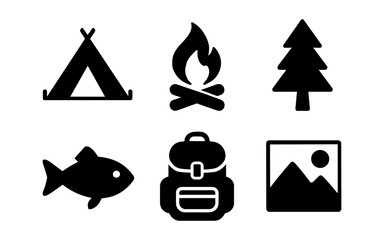Outdoor adventure icons featuring camping, fishing, and hiking elements for graphic design projects