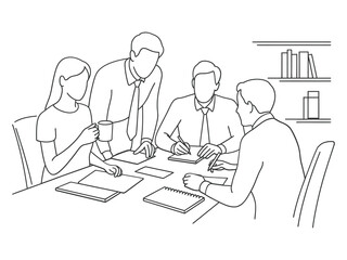 Business meeting sketch of diverse team collaborating around a table