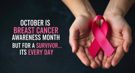 Hands holding pink ribbon for breast cancer awareness month and survivor support