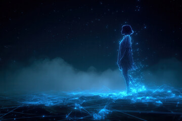 Obraz premium Digital silhouette of a figure surrounded by glowing particles in a dark, starry setting