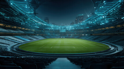 Empty futuristic soccer stadium at night with glowing lights and city skyline in background
