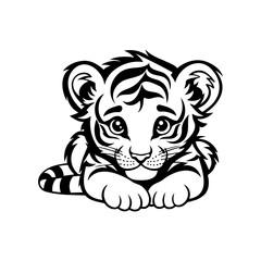 Obraz premium Cute tiger cub in cartoon style. Graphic format suitable for tattoos, logos, children's books or souvenirs.