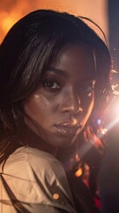 Close-up portrait of a woman with intense gaze