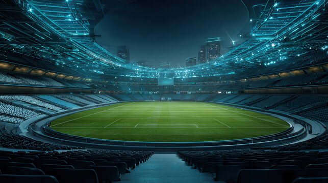 Empty futuristic soccer stadium at night with glowing lights and city skyline in background