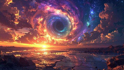 A breathtaking sunset over a cracked, ethereal landscape, featuring a vibrant swirling vortex of cosmos amidst the clouds.