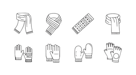 Collection of scarves and gloves illustrated in a simple silhouette style