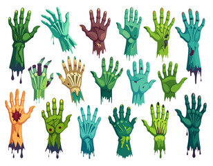 A collection of various cartoon zombie hands in different poses and colors, some with bones showing, dripping blood or goo, perfect for Halloween designs.