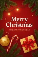 Festive Merry Christmas and Happy New Year card with red background, golden ornament, candy cane, and wrapped gift.
