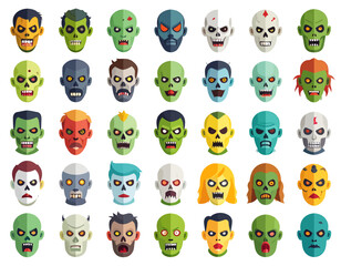 A collection of diverse cartoon zombie faces with various expressions and features, depicted in a flat design style.