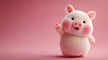 Cute cartoon pig character waving in a playful pose against a pink background