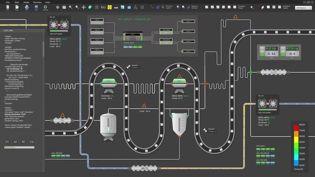 Production factory software controlling the automated conveyor equipment. Factory software monitoring the production line movement. Visualisation of the production factory automation software