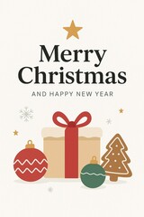 Minimalist Merry Christmas card with modern white background, festive ornaments, and holiday gift decoration.
