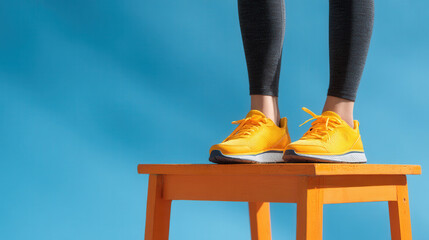 Bright yellow sneakers on a person standing on a stool against a blue background in an outdoor setting