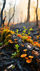 Mushrooms and moss growing on a fallen log in a forest at sunrise