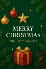Classic Merry Christmas and Happy New Year card with green background, golden ornaments, and festive gift decoration.