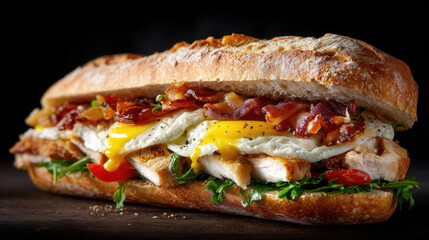 Delicious sandwich filled with grilled chicken, crispy bacon, egg, and fresh vegetables served on a crusty baguette