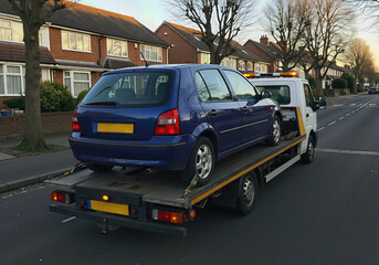 Fototapeta premium Blue damaged car on a tow truck. Home vehicle recovery service after breakdown or road accident concept. Urban street background.