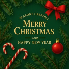 Green Christmas card with candy cane, red bow, and ornaments, traditional holiday background.
