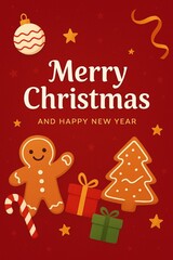 Red Christmas greeting card with gingerbread cookies and holiday decorations, cheerful festive design.