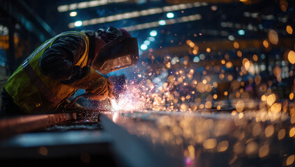Welder working on metal fabrication in a workshop with bright sparks at night